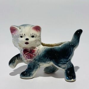 Vintage Shawnee Pottery Planter Blue Gray Cat‎ Kitten Kitty w/Pink Bow MCM